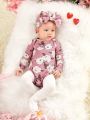 SHEIN Newborn Baby Girls' Floral Printed Long Sleeve Bodysuit With Ruffled Shoulder & Large Bow Headband Set