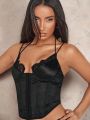 SHEIN BAE Black Lace & Satin Panel Boned Corset Top With Bustier New Years Eve New Years Outfit Christmas Vest