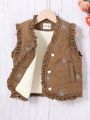 Girls' Thickened Padded Vest With Embroidery, Knitted Cuff, Fleece Lining, Lace Trim And Patch Pockets For Warmth