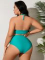 SHEIN Swim Vcay Plus Size Solid Color Bikini Set With Front Knot Detail