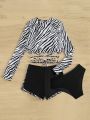 Women's Zebra Print Long Sleeve Swimwear Set With Lace-up Design