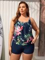 SHEIN Swim SPRTY Plus Size Tropical Print Vest Top And Shorts Tankini Swimsuit Set