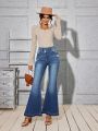 Women'S Washed Denim Distressed Flare Jeans
