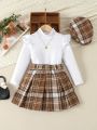 SHEIN Kids SUNSHNE Girls' Ruffle Neckline Blouse + Plaid Pleated Skirt + Hat 3pcs Set