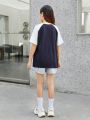 SHEIN Kids KDOMO Tween Girls' Loose Fit Casual Colorblock And Raglan Sleeve T-shirt