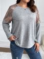 SHEIN Frenchy Women's Plus Size Sequin Patchwork Round Neck Long Sleeve T-shirt