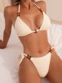 SHEIN Swim Basics Women's Textured Ribbed Halter Neck Triangle Bikini Set