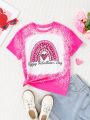 SHEIN Kids Cooltwn Girls' Casual Short Sleeve Knitted T-shirt With Slogan & Heart Printed Round Neckline