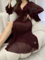 1pc Mesh Perspective Robe With Lotus Leaf Decoration