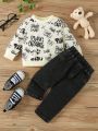 Baby Boys' Casual Fashionable Round Neck Long Sleeve Sweatshirt With Letter Print, Denim Pants Outfit For Spring And Autumn Season