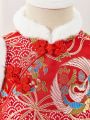 SHEIN Baby Girl Embroidered Detail Fuzzy Trim Dress