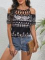 Women'S Geometric Pattern Off-Shoulder Hollow Out Blouse