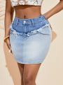SHEIN SXY Women's Fringed Patchwork Contrast Color Denim Skirt