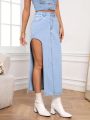 SHEIN Privé Women's High Slit Denim Midi Skirt