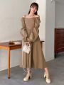 FRIFUL Women's Khaki Lantern Sleeve Dress