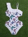 Girls' One Piece Butterfly Printed Swimsuit With Hollow Out Waist & Lotus Edge Neckline