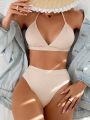 SHEIN Swim Basics Solid Colored Halter Top And Triangle Bottom Bikini Set