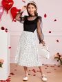 SHEIN Kids CHARMNG Girls' Woven Polka Dot Colorblock Elastic Waist Pleated Skirt