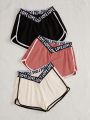 3pcs Women's Lounge Shorts With Letter Tape And Contrast Trims