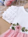 SHEIN Kids Nujoom Little Girls' Color Block Puff Short Sleeved Dress With Flower Embroidery And Mesh Splice