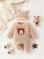 Newborn Baby Boys' Cute Fashionable Bear Embroidery Round Neck Long Sleeve Fleece Jumpsuit With Hat, Autumn & Winter