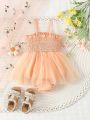 Baby Girls' Romantic And Cute Flower & Letter Embroidery Orange Mesh Bodysuit For Spring/Summer