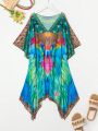 SHEIN Swim BohoFeel Women'S V-Neck RuffleSleeve Peacock Printed Casual Cover-Up