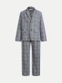 SHEIN Kids FANZEY Tween Boys' Slim Fit Elegant Plaid Notched Lapel Suit Jacket & Pants Two Piece Set