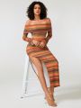 THE VAULT Striped Print Off Shoulder Crop Top & Split Thigh Skirt