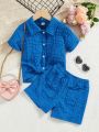 SHEIN Kids Cooltwn Girls (Small) Solid Color Textured Button-Down Shirt And Shorts Two-Piece Set