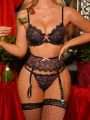 5pcs/Set Women's Sexy Lingerie (Steel Ring Bra+Thong+Garter+2pcs Stockings)