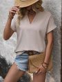 Ladies' Solid Color Short Sleeve Blouse With Notch Collar