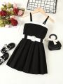 SHEIN Kids EVRYDAY Young Girls' Casual Colorblock Ruffle Trim Belted Strap Dress With Spaghetti Straps, Suitable For Summer