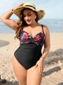 SHEIN Swim Classy Plus Floral Print Twist Front Push Up One Piece Swimsuit