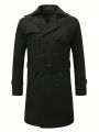 Men's Notched Collar Double Breasted Belted Trench Coat Jacket