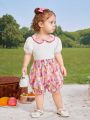 SHEIN Baby Girls' Summer Holiday Color Block Doll Collar Top With Flower Print Shorts Set