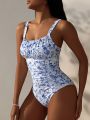 SHEIN Swim Mod Women'S One Piece Swimsuit With Floral Print And Square Neckline