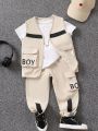 SHEIN Young Boy Letter Printed Vest Jacket And Long Pants Set