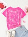 SHEIN Kids Cooltwn Girls' Casual Short Sleeve Knitted T-shirt With Slogan & Heart Printed Round Neckline