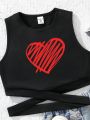 Tween Girls' Casual Simple Heart Pattern Sleeveless Vest Top Suitable For Summer