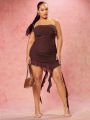 SHEIN BAE Valentine's Day Brown Mesh Ruffled Asymmetric Mini Plus Size Dress