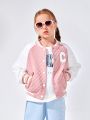JNSQ Tween Girl Letter Patched Raglan Sleeve Two Tone Varsity Jacket
