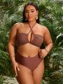 SHEIN Swim Vcay Plus Size Solid Color Hollow Out Swimsuit 3pcs/Set