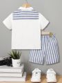 SHEIN Kids EVRYDAY Young Boy Casual Stripe Cape & Patchwork 2-In-1 Short Sleeve Shirt And Shorts Set, College Style