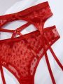 Ladies' Embroidered Detail Heart Shaped Mesh Sexy Lingerie 3-Piece Set (Valentine's Day Edition)