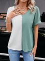 SHEIN LUNE Button Decorated Batwing Sleeve Two Toned T-shirt