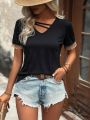 Patchwork Lace V-neck Short Sleeve Casual T-shirt