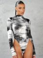 SHEIN BAE Abstract Newspaper Print Half Turtleneck Long Sleeve Bodysuit - Street Style