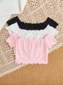 SHEIN Kids FANZEY Big Girls' Elegant Off Shoulder Frill Design Short Sleeve T-Shirt 3pcs/Set