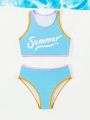 Little Girls' Bikini Swimsuit Set With Contrast Trim And Letter Print